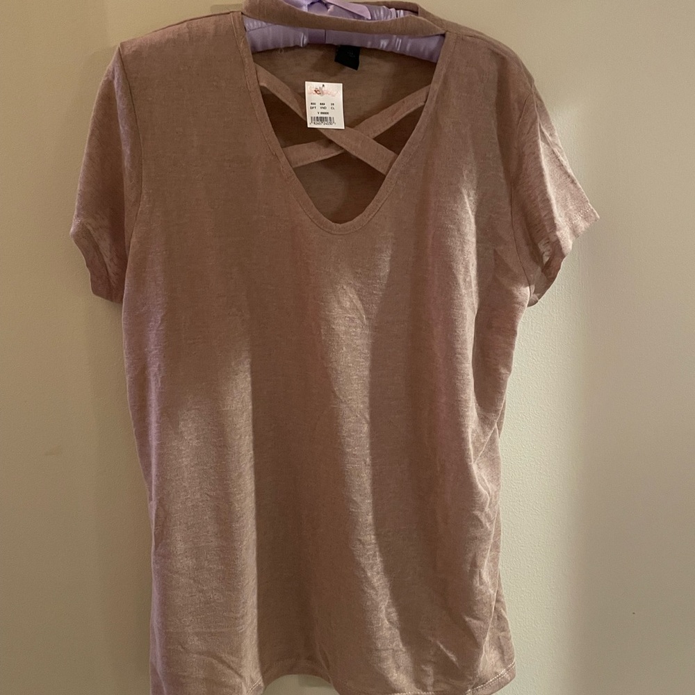 Sheer taupe top with crisscross neckline size 2X